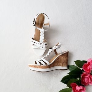 Franco Sarto "Suzy" Wedge Sandals - Size 8 - White Leather and Cork